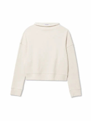 Product flat lay of cream mock neck sweatshirt with rolled neckline and long sleeves.