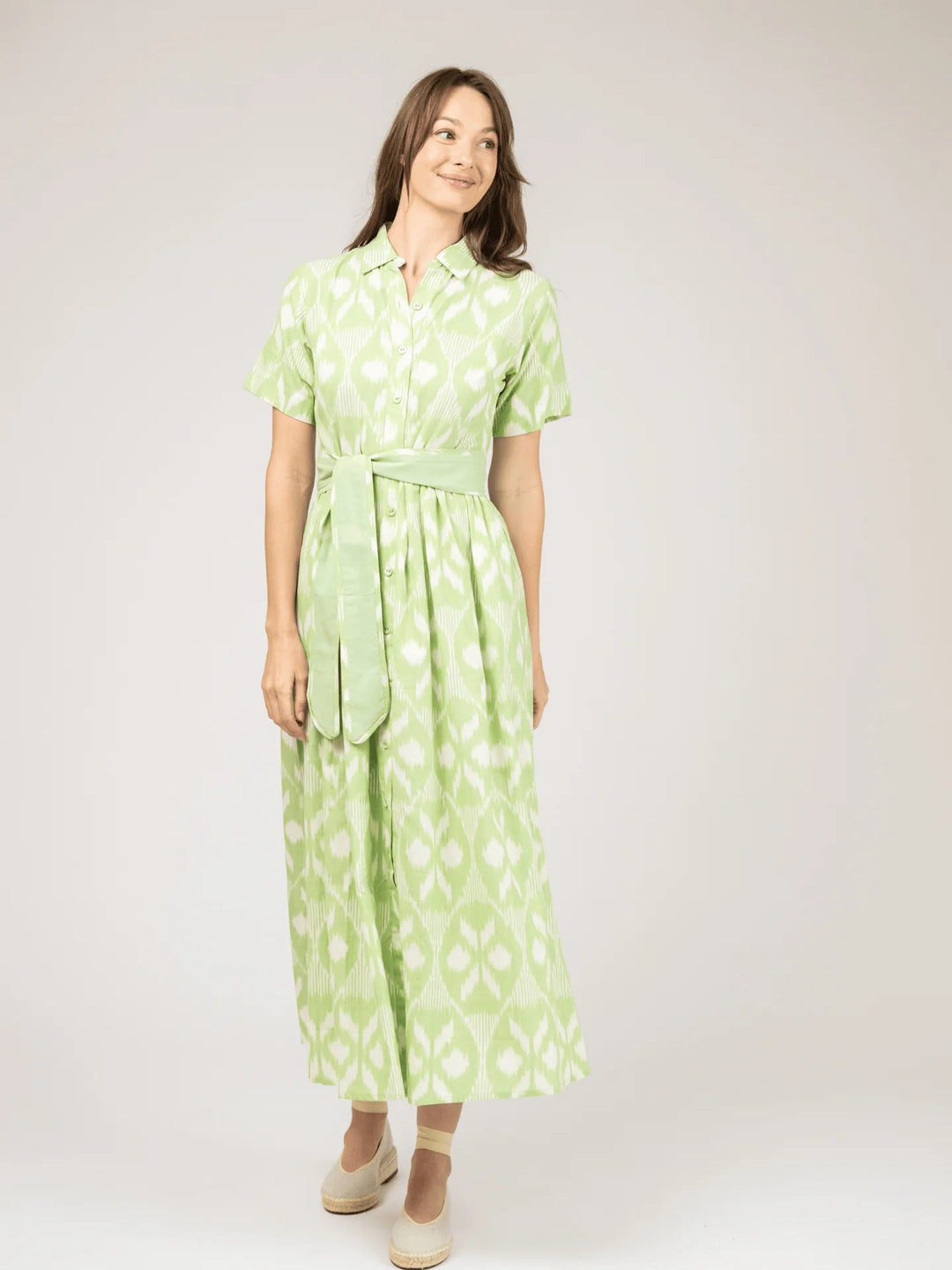 Beau &amp; Ro Elle Maxi Dress in Lime Ikat — handloomed cotton ikat in a lime and white diamond repeat, button-front bodice with shirt collar, short sleeves, and matching solid tie belt at waist; full-length A-line skirt, front-facing on-model view.