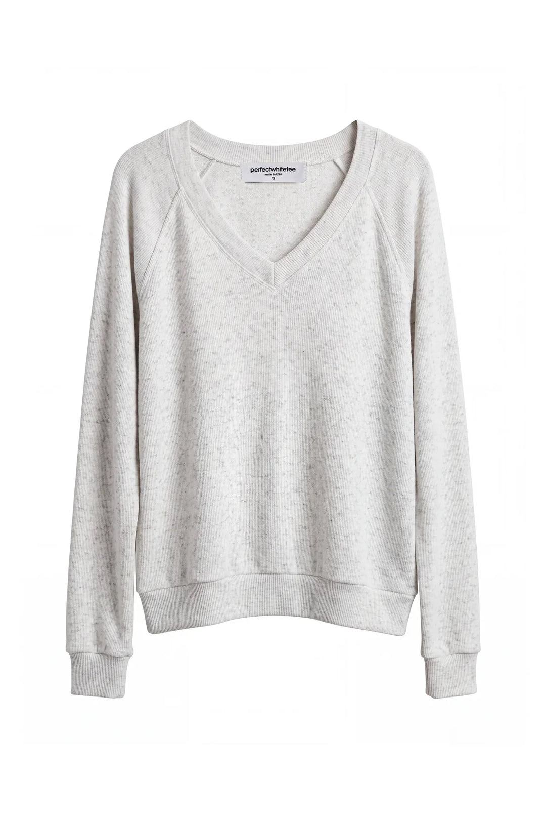 perfectwhitetee Brielle V Neck Sweatshirt in Ash, flat lay front view, showing the ribbed V-neck trim, raglan seams, ribbed cuffs, and banded ribbed hem