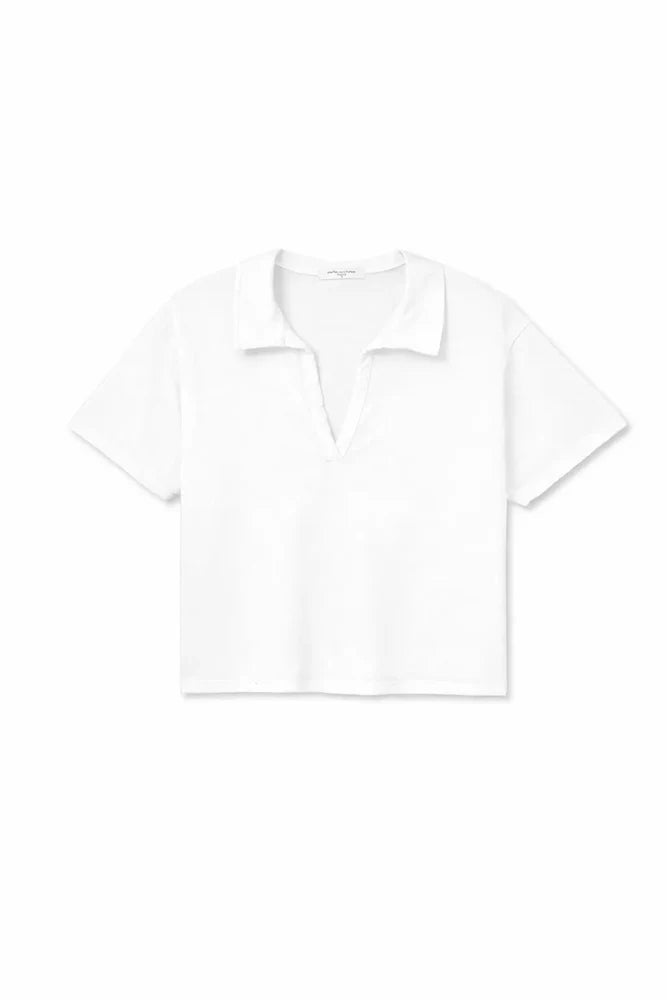 White cropped cotton polo top with open V-notch collar and short sleeves, flat lay on white background — perfectwhitetee Charlie Tennessee Jersey Polo