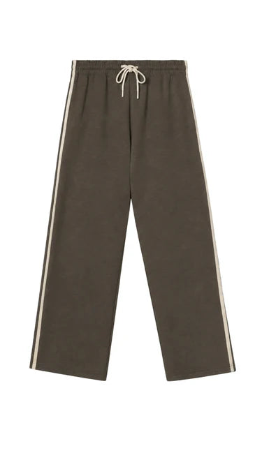 perfectwhitetee Claud Pureform Cropped Pant with Stripes in dark olive — flat lay showing full silhouette and stripe detail