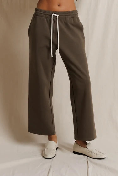 perfectwhitetee Claud Pureform Cropped Pant with Stripes in dark olive — front view showing waistband and drawstring detail