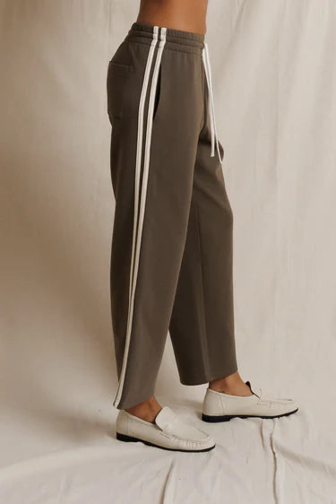 perfectwhitetee Claud Pureform Cropped Pant with Stripes in dark olive — side profile showing stripe placement and cropped length
