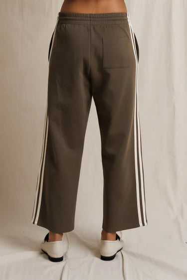 perfectwhitetee Claud Pureform Cropped Pant with Stripes in dark olive — back view showing side stripe detail and back pocket