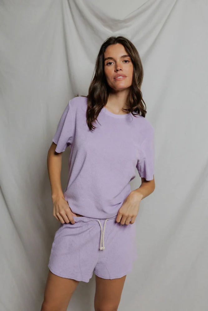 perfectwhitetee Donna Loop Terry Short Sleeve Tee in Ultraviolet, slightly oversized boxy fit in cotton loop terry