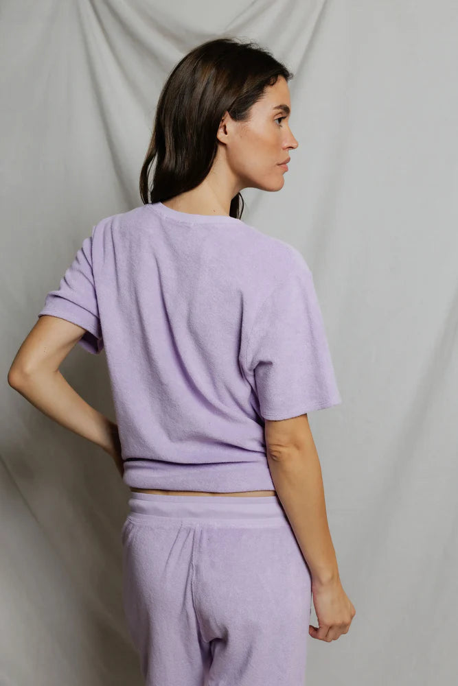 Back of perfectwhitetee Donna Loop Terry Short Sleeve Tee in Ultraviolet, slightly oversized boxy fit in cotton loop terry