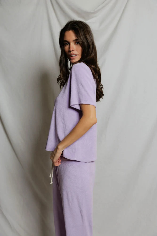 Side of perfectwhitetee Donna Loop Terry Short Sleeve Tee in Ultraviolet, slightly oversized boxy fit in cotton loop terry