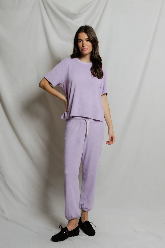 perfectwhitetee Donna Loop Terry Short Sleeve Tee in Ultraviolet, slightly oversized boxy fit in cotton loop terry
