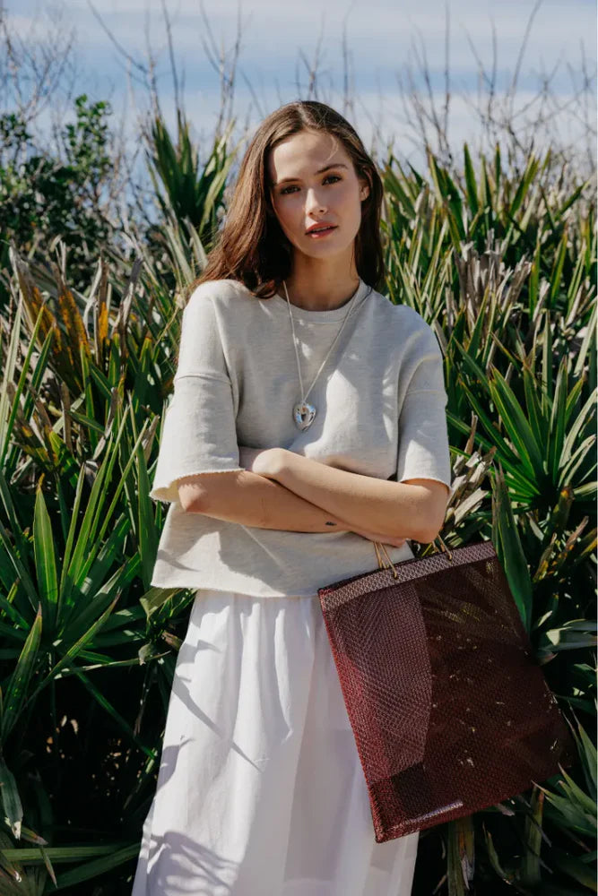 perfectwhitetee Ezra French Terry Short Sleeve Top in Oatmeal, relaxed boxy fit with drop shoulders and rolled hem