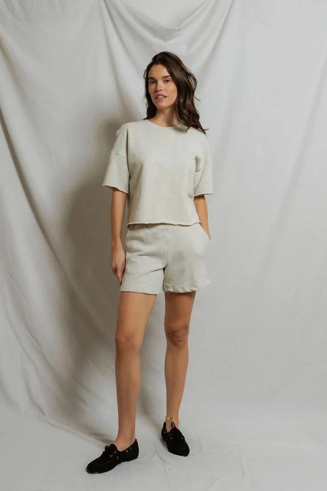 perfectwhitetee Ezra French Terry Short Sleeve Top in Oatmeal, relaxed boxy fit with drop shoulders and rolled hem