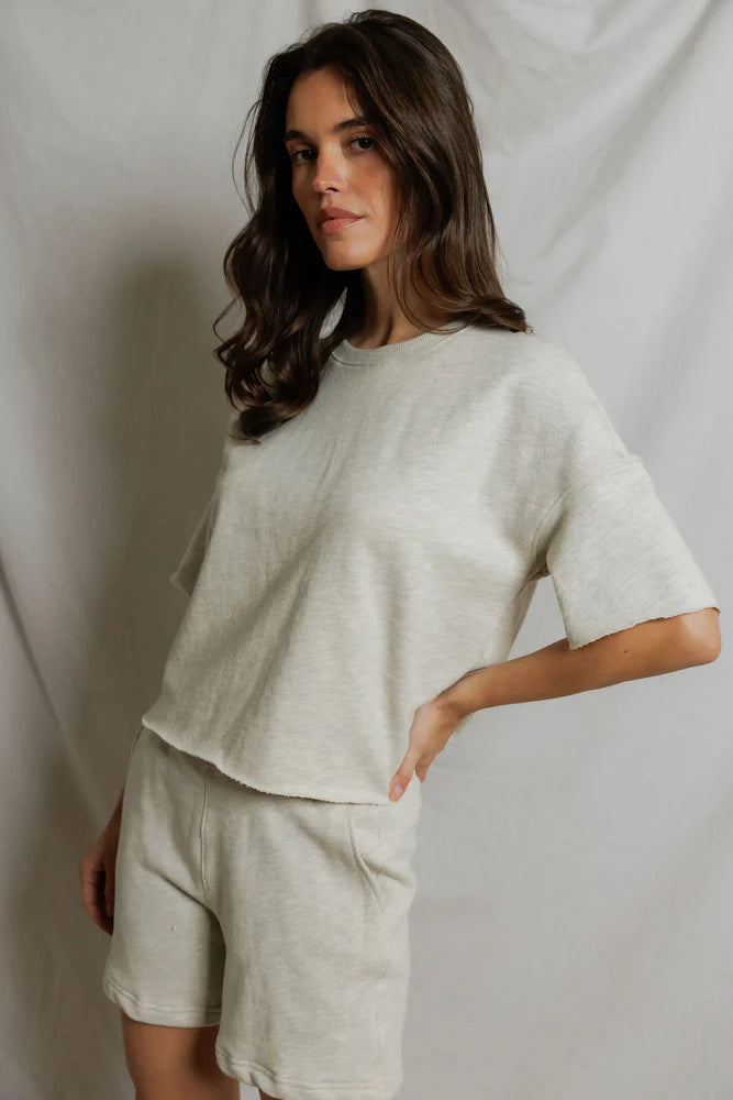 perfectwhitetee Ezra French Terry Short Sleeve Top in Oatmeal, relaxed boxy fit with drop shoulders and rolled hem