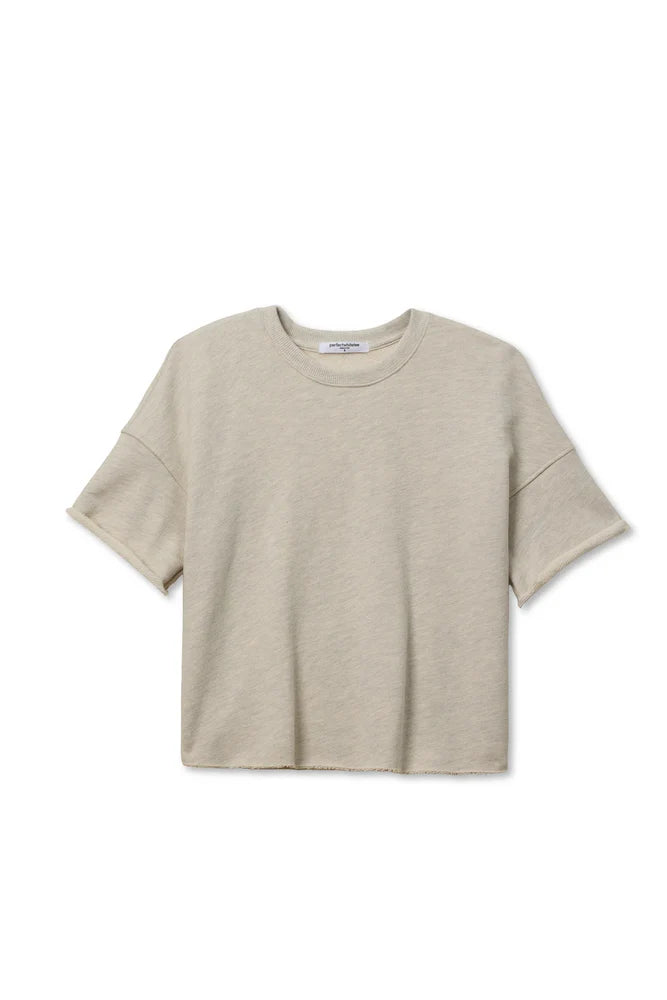 perfectwhitetee Ezra French Terry Short Sleeve Top in Oatmeal, relaxed boxy fit with drop shoulders and rolled hem