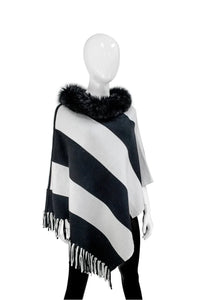 Reversible Striped Poncho Fox Trim Collar- Black/White