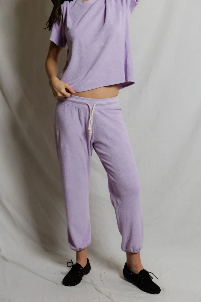 perfectwhitetee Gogo Loop Terry Sweatpant in Ultraviolet, tapered jogger with gathered ankle cuff in cotton loop terry