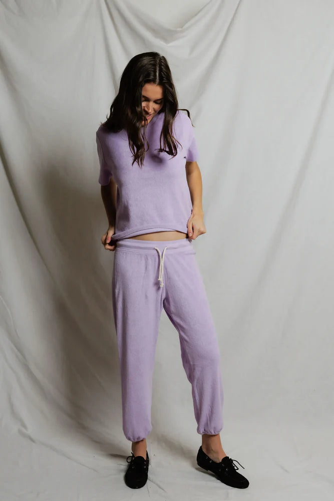perfectwhitetee Gogo Loop Terry Sweatpant in Ultraviolet, tapered jogger with gathered ankle cuff in cotton loop terry