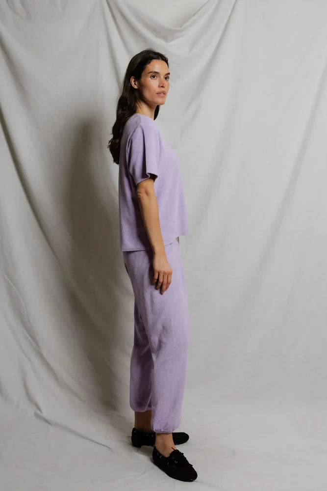 perfectwhitetee Gogo Loop Terry Sweatpant in Ultraviolet, tapered jogger with gathered ankle cuff in cotton loop terry