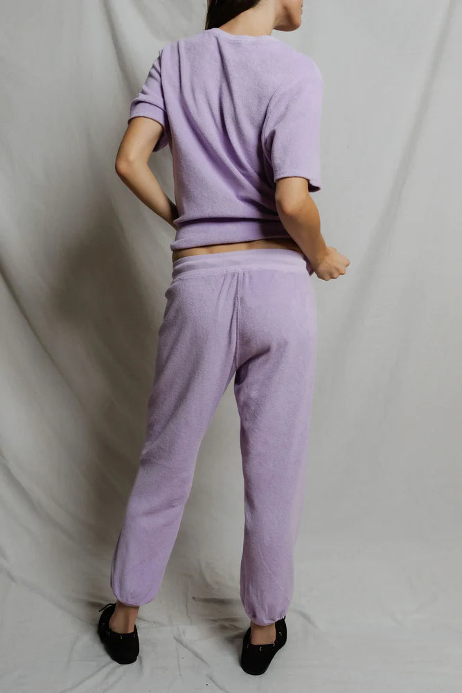 perfectwhitetee Gogo Loop Terry Sweatpant in Ultraviolet, tapered jogger with gathered ankle cuff in cotton loop terry