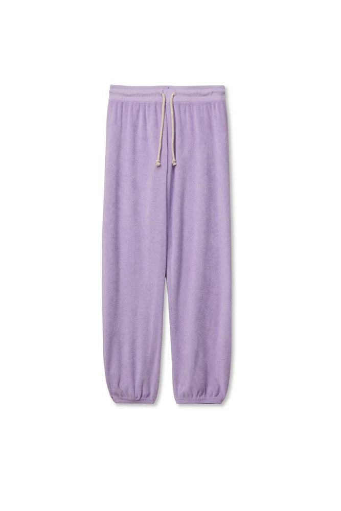 perfectwhitetee Gogo Loop Terry Sweatpant in Ultraviolet, tapered jogger with gathered ankle cuff in cotton loop terry