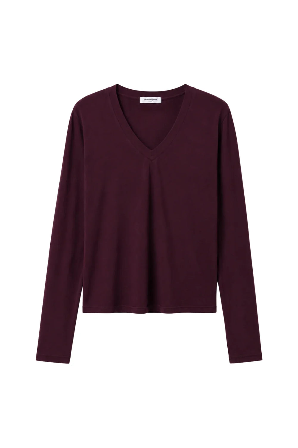 perfectwhitetee Jimi Cotton Long Sleeve Boxy V Neck Tee in Cherry Lacquer, full-length back view on model, showing the dropped shoulders, straight hem at the high hip, and long sleeves, styled with straight-leg jeans and brown loafers