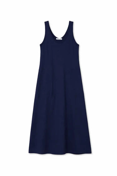 Navy 100% Supima cotton sleeveless maxi dress with wide tank straps and scoop neckline, flat lay on white background — perfectwhitetee Jasmine Cotton Sleeveless Dress in Navy