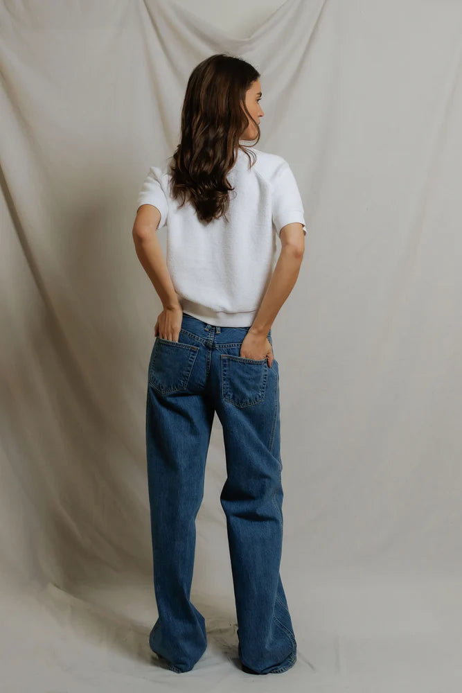 Back of perfectwhitetee Kennedy Short Sleeve Crew Neck Sweatshirt in White, relaxed fit with raglan sleeves in reverse fleece