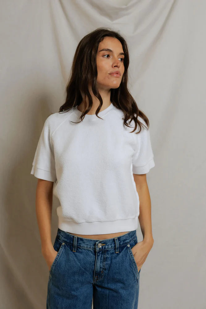 perfectwhitetee Kennedy Short Sleeve Crew Neck Sweatshirt in White, relaxed fit with raglan sleeves in reverse fleece