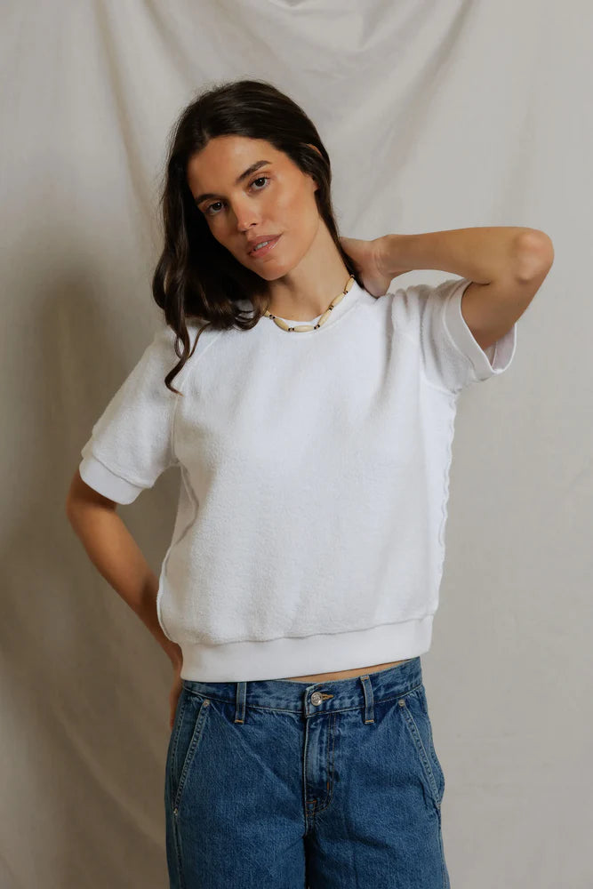 perfectwhitetee Kennedy Short Sleeve Crew Neck Sweatshirt in White, relaxed fit with raglan sleeves in reverse fleece