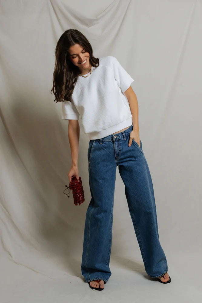 perfectwhitetee Kennedy Short Sleeve Crew Neck Sweatshirt in White, relaxed fit with raglan sleeves in reverse fleece