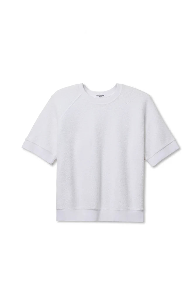 perfectwhitetee Kennedy Short Sleeve Crew Neck Sweatshirt in White, relaxed fit with raglan sleeves in reverse fleece