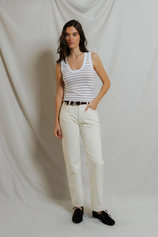 perfectwhitetee Khara Jersey Stripe Tank in Driftwood Stripe, fitted scoop neck tank in cotton-modal blend