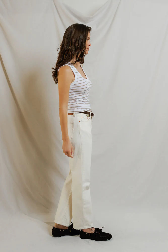 Side of perfectwhitetee Khara Jersey Stripe Tank in Driftwood Stripe, fitted scoop neck tank in cotton-modal blend