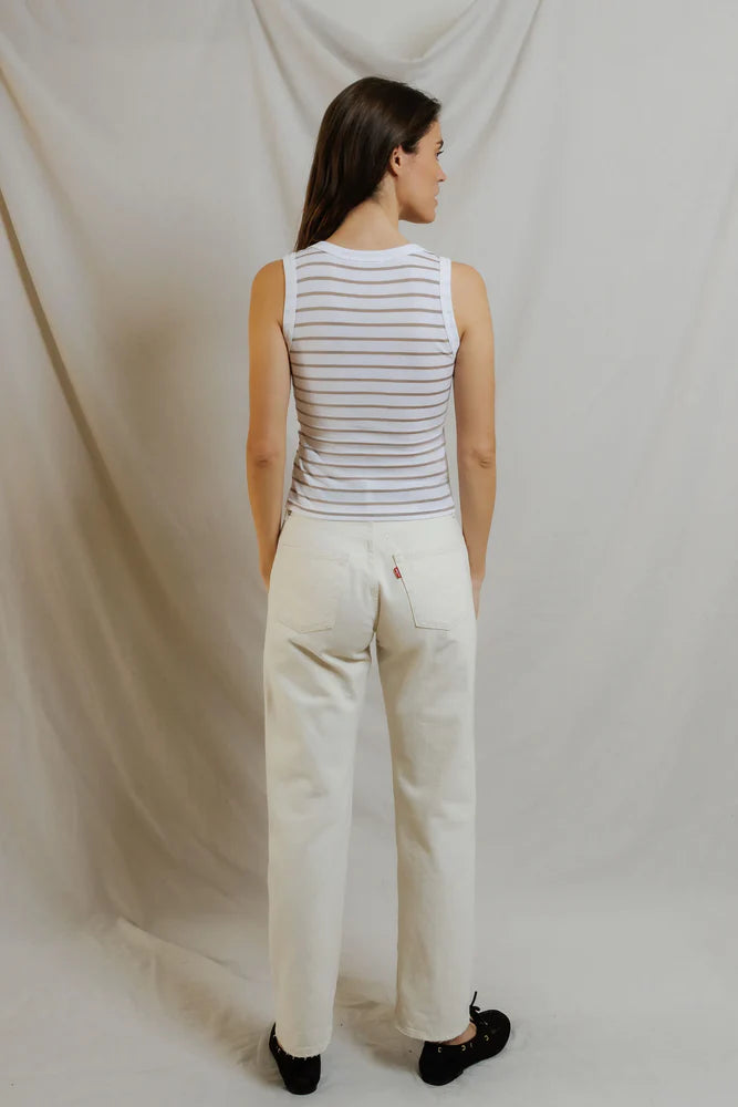 Back of perfectwhitetee Khara Jersey Stripe Tank in Driftwood Stripe, fitted scoop neck tank in cotton-modal blend