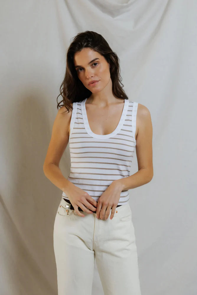 perfectwhitetee Khara Jersey Stripe Tank in Driftwood Stripe, fitted scoop neck tank in cotton-modal blend