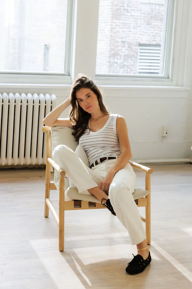 perfectwhitetee Khara Jersey Stripe Tank in Driftwood Stripe, fitted scoop neck tank in cotton-modal blend