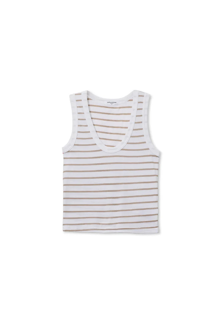 perfectwhitetee Khara Jersey Stripe Tank in Driftwood Stripe, fitted scoop neck tank in cotton-modal blend