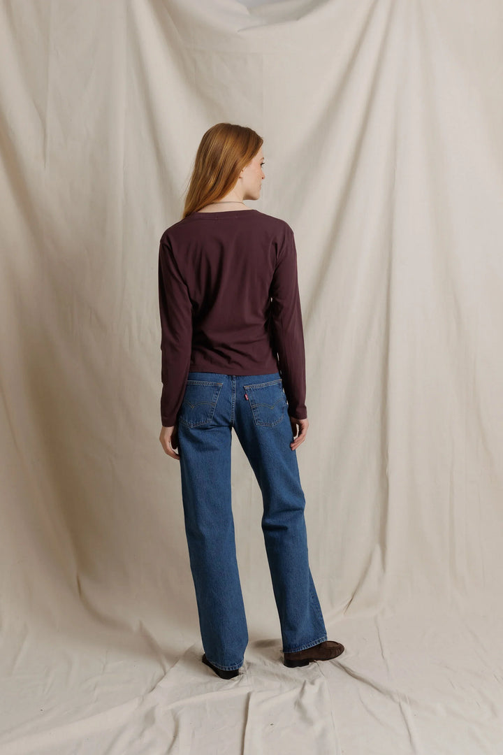 perfectwhitetee Jimi Cotton Long Sleeve Boxy V Neck Tee in Cherry Lacquer, flat lay front view, showing the V-neck binding, boxy body, and straight long sleeves