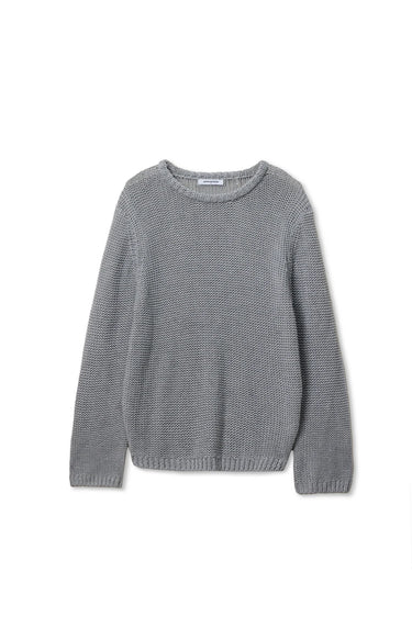 Perfectwhitetee Margaret Cotton Slouchy Open-Knit Sweater in heather grey, styled with wide-leg blue denim, shown from the back at a three-quarter turn, against draped grey backdrop.