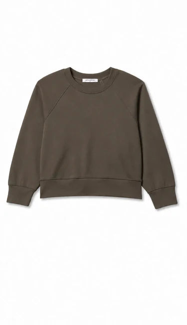 perfectwhitetee Nell Pureform Raglan Sweatshirt in dark olive — flat lay showing crew neckline and ribbed cuff and hem detail