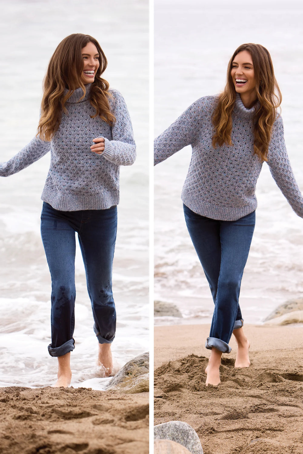Two-panel beach photo of a model walking and laughing in the sand, wearing a gray cable-knit turtleneck sweater and cuffed straight-leg cropped jeans.