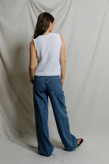 Back view of white cropped cotton knit sleeveless tank showing relaxed silhouette, ribbed hem, and clean armhole edge, paired with wide-leg denim and black sandals — perfectwhitetee Peggy Cotton Sweater Tank in White