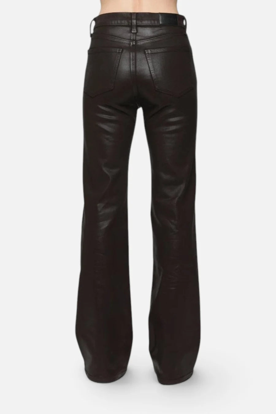 Pistola Evie High Rise Slim Boot in Coated Mocha, back view from the waist down, showing back patch pockets, leather-look waistband patch, and slim line into the boot flare.