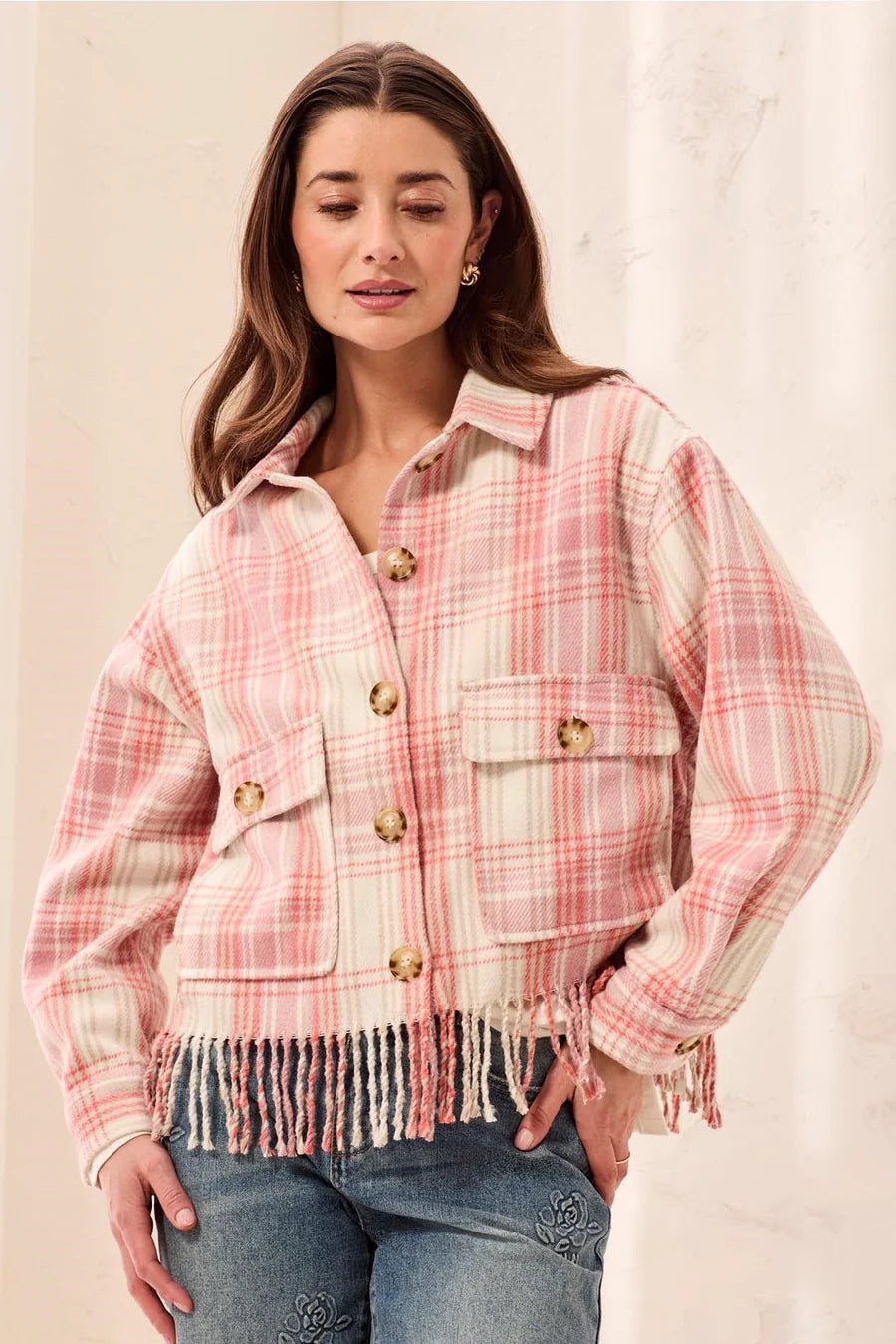 Plaid Crop Shacket W/ Fringe in Nostalgia