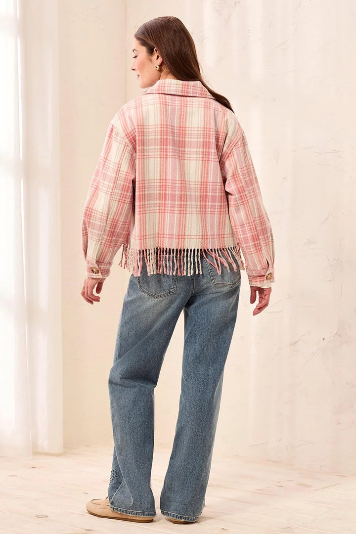 Plaid Crop Shacket W/ Fringe in Nostalgia