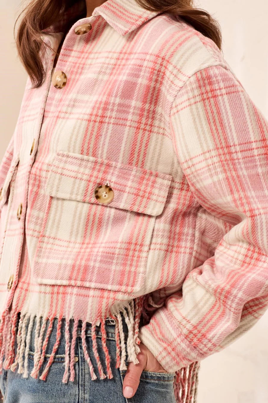 Plaid Crop Shacket W/ Fringe in Nostalgia