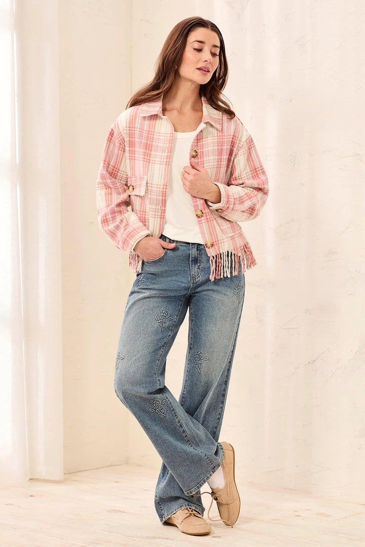 Plaid Crop Shacket W/ Fringe in Nostalgia