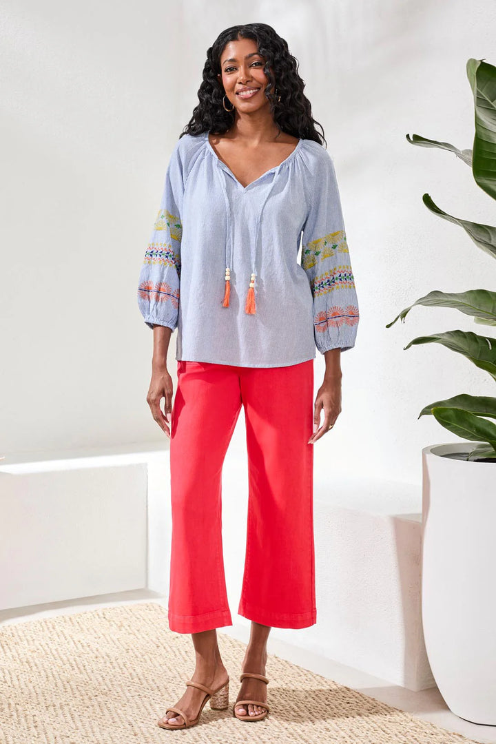 Tribal Raglan Balloon Sleeve Blouse in baja blue yarn-dye stripe with multicolor floral and geometric embroidered sleeves, gathered V-neckline, beaded tassel tie, and elasticized cuffs — front view.