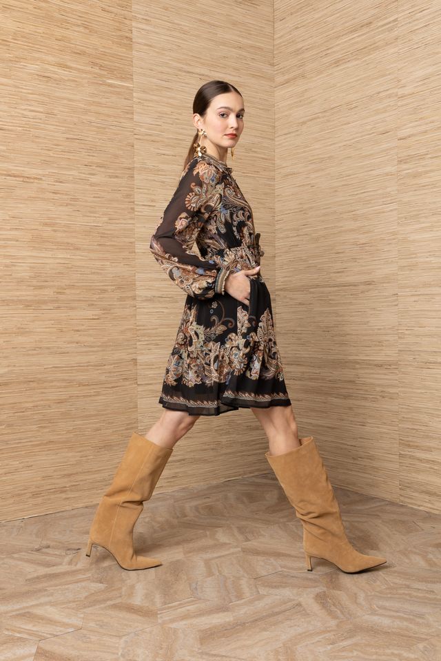 Hale Bob Isolde Long Sleeve Short Dress, black multi paisley print, full-length side/walking view