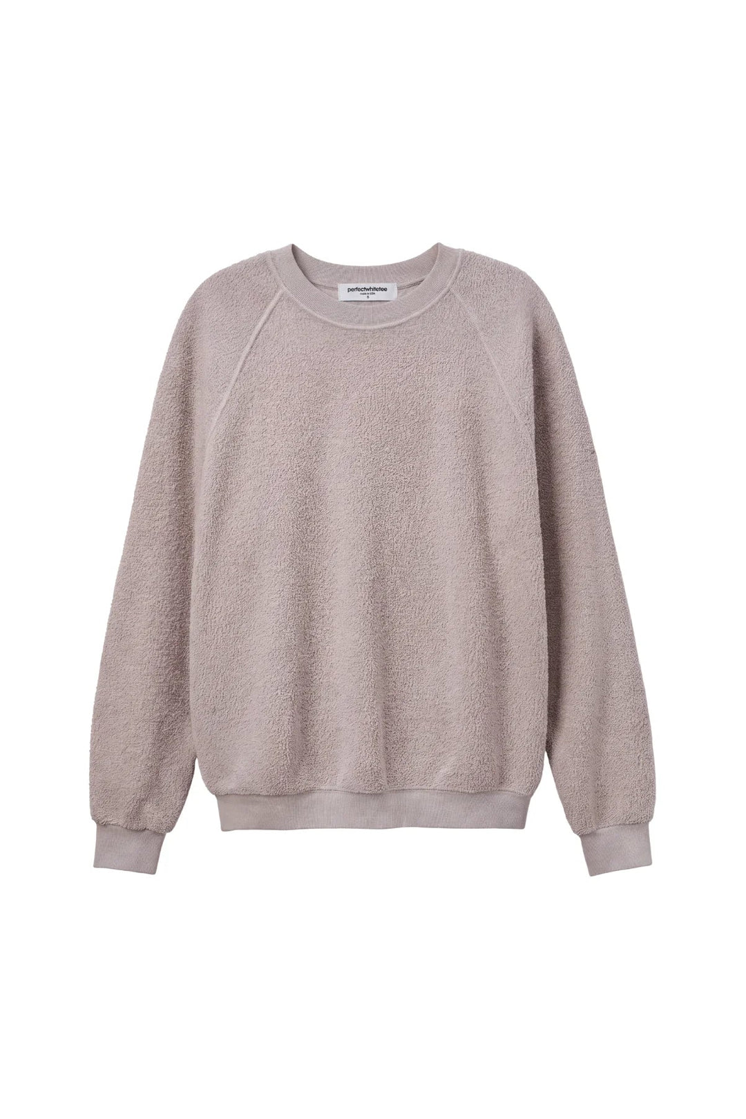 perfectwhitetee Ziggy Inside Out Fleece Sweatshirt in Cloud Gray, flat lay front view, showing the nubby looped fleece surface, raglan seams, crew neckline, and ribbed cuffs and hem