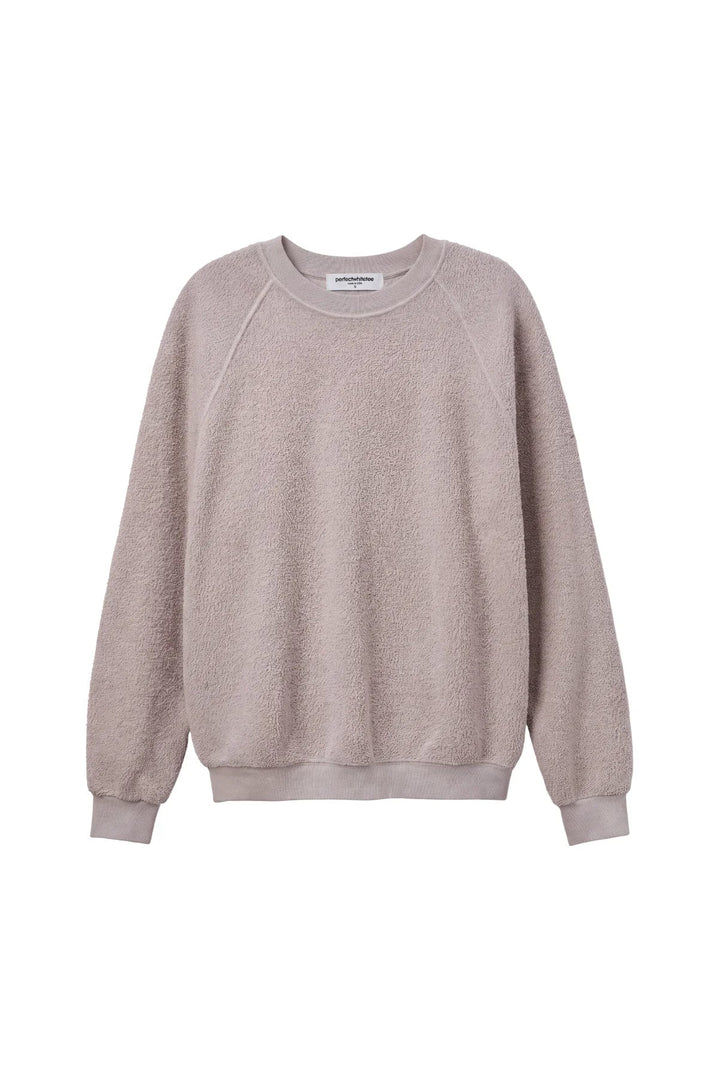 perfectwhitetee Ziggy Inside Out Fleece Sweatshirt in Cloud Gray, flat lay front view, showing the nubby looped fleece surface, raglan seams, crew neckline, and ribbed cuffs and hem