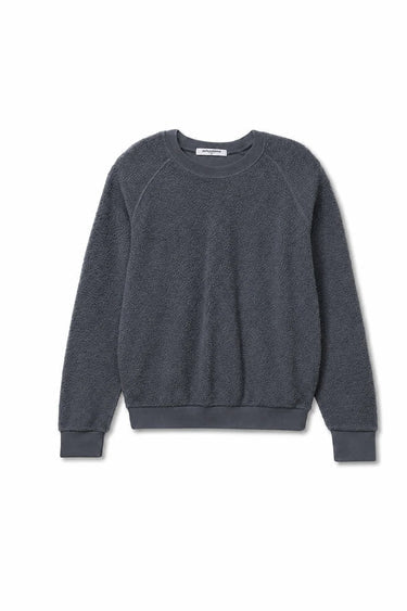Product flat lay of the slate blue textured fleece crewneck sweatshirt with ribbed cuffs and hem.